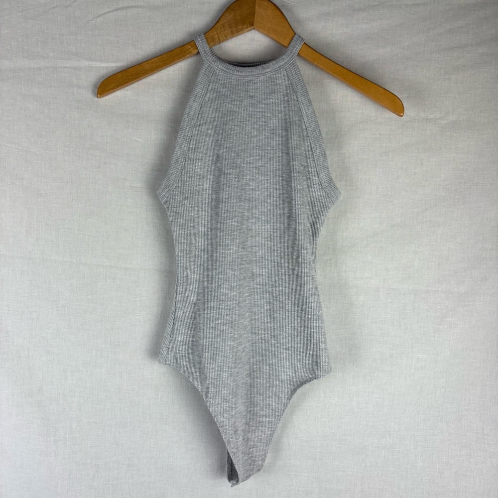 American Eagle High Neck Waffle Knit Grey Bodysuit XS